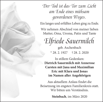 Traueranzeige von Elfriede Sauermilch von Südthüringer Presse
