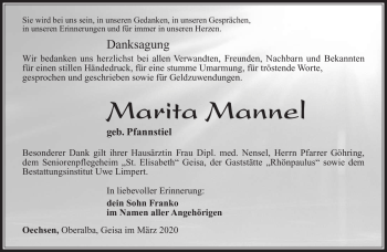 Traueranzeige von Marita Mannel von Südthüringer Presse