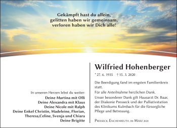 Traueranzeige von Wilfried Hohenberger von Frankenpost