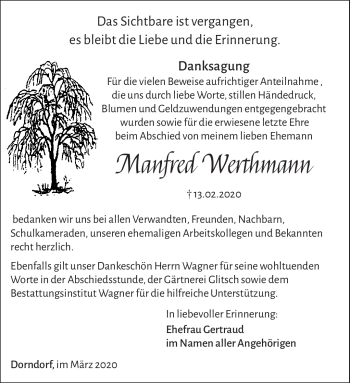 Traueranzeige von Manfred Werthmann von Südthüringer Presse