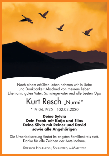 Traueranzeige von Kurt Resch von Südthüringer Presse