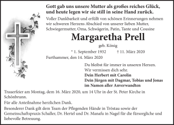 Traueranzeige von Margaretha Prell von Frankenpost