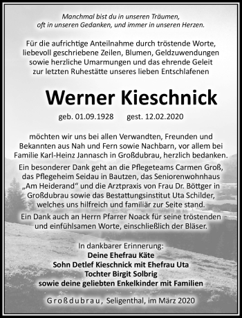 Traueranzeige von Werner Kieschnick von Südthüringer Presse
