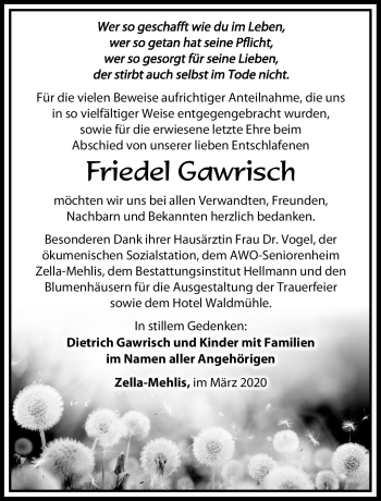 Traueranzeige von Friedel Gawrisch von Südthüringer Presse