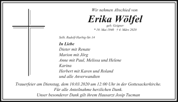Traueranzeige von Erika Wölfel von Frankenpost