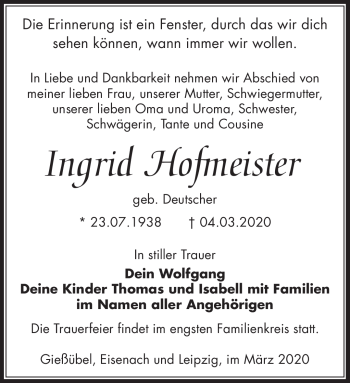 Traueranzeige von Ingrid Hofmeister von Südthüringer Presse