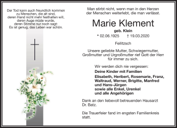 Traueranzeige von Marie Klement von Frankenpost