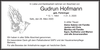 Traueranzeige von Gudrun Hofmann von Frankenpost