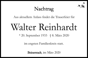 Traueranzeige von Walter Reinhardt von Südthüringer Presse