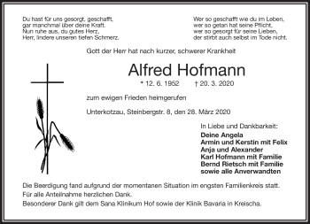 Traueranzeige von Alfred Hofmann von Frankenpost