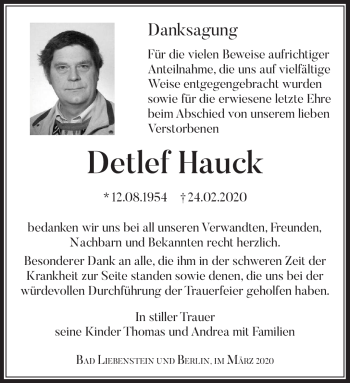 Traueranzeige von Detlef Hauck von Südthüringer Presse