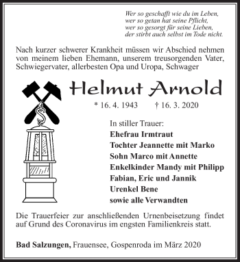 Traueranzeige von Helmut Arnold von Südthüringer Presse