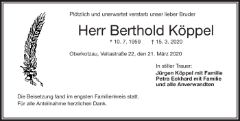 Traueranzeige von Berthold Köppel von Frankenpost