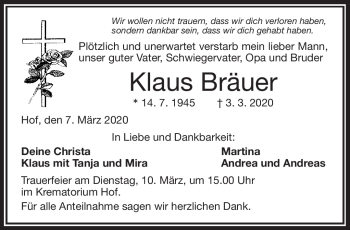 Traueranzeige von Klaus Bräuer von Frankenpost