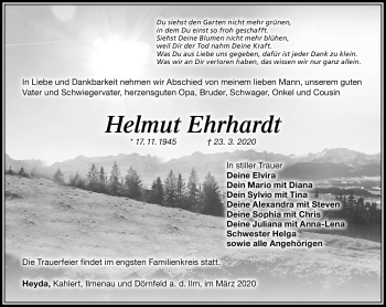 Traueranzeige von Helmut Ehrhardt von Südthüringer Presse