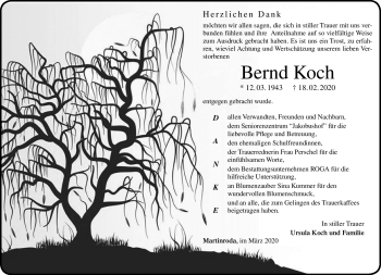 Traueranzeige von Bernd Koch von Südthüringer Presse
