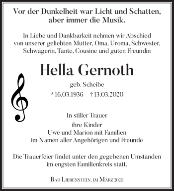 Traueranzeige von Hella Gernoth von Südthüringer Presse