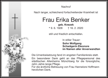 Traueranzeige von Erika Benker von Frankenpost
