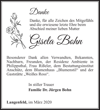 Traueranzeige von Gisela Bohn von Südthüringer Presse