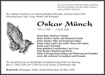Traueranzeige von Oskar Münch von Südthüringer Presse
