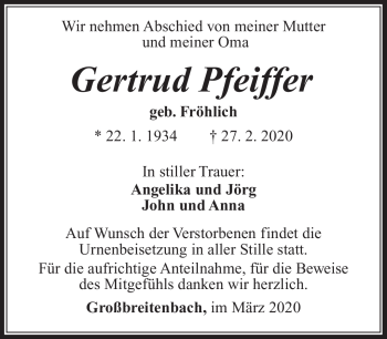 Traueranzeige von Gertrud Pfeiffer von Südthüringer Presse