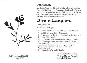 Traueranzeige von Gisela Langlotz von Südthüringer Presse
