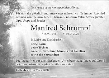 Traueranzeige von Manfred Schrumpf von Südthüringer Presse