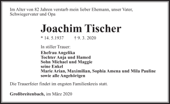 Traueranzeige von Joachim Tischer von Südthüringer Presse