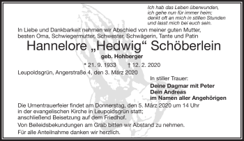 Traueranzeige von Hannelore Schöberlein von Frankenpost