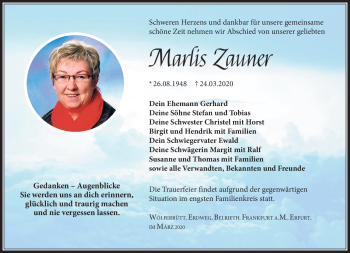 Traueranzeige von Marlis Zauner von Südthüringer Presse