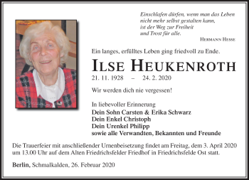 Traueranzeige von Ilse Heukenroth von Südthüringer Presse