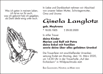 Traueranzeige von Gisela Langlotz von Südthüringer Presse
