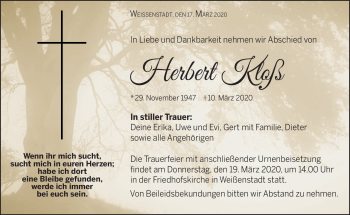 Traueranzeige von Herbert Kloß von Frankenpost