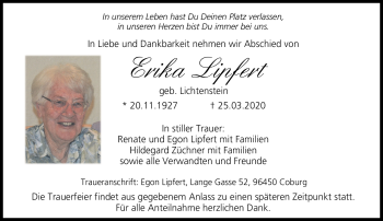 Traueranzeige von Erika Lipfert von Neue Presse Coburg