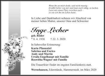 Traueranzeige von Inge Lecher von Südthüringer Presse