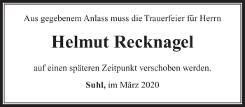 Traueranzeige von Helmut Recknagel von Südthüringer Presse