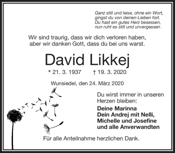 Traueranzeige von David Likkej von Frankenpost