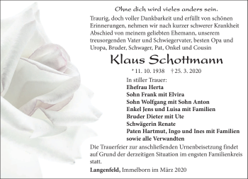 Traueranzeige von Klaus Schottmenn von Südthüringer Presse