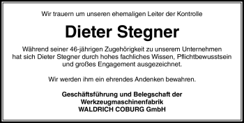 Traueranzeige von Dieter Stegner von Neue Presse Coburg