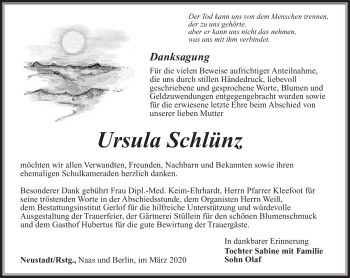 Traueranzeige von Ursula Schlünz von Südthüringer Presse