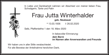 Traueranzeige von Jutta Winterhalder von Frankenpost