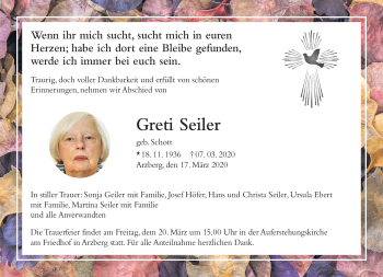 Traueranzeige von Greti Seiler von Frankenpost