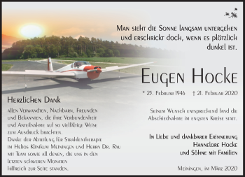 Traueranzeige von Eugen Hocke von Südthüringer Presse