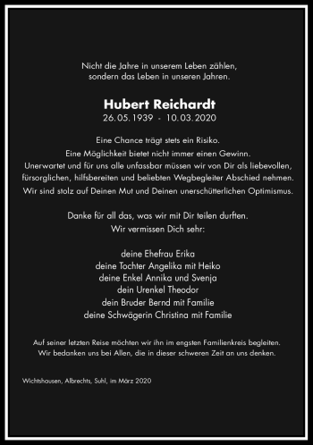 Traueranzeige von Hurbert Reichardt von Südthüringer Presse