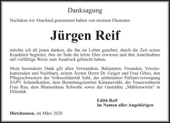 Traueranzeige von Jürgen Reif von Südthüringer Presse