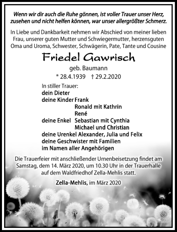 Traueranzeige von Friedel Gawrisch von Südthüringer Presse