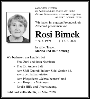 Traueranzeige von Rosi Bimek von Südthüringer Presse