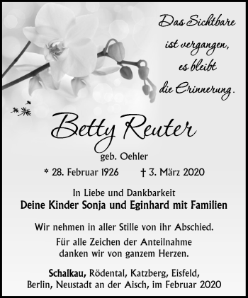 Traueranzeige von Betty Reuthter von Südthüringer Presse