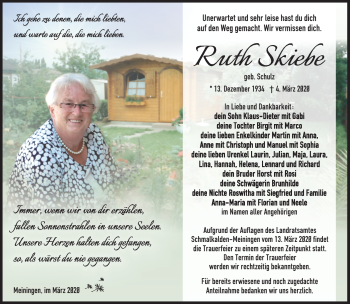 Traueranzeige von Ruth Skiebe von Südthüringer Presse