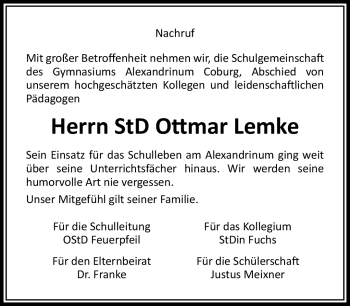Traueranzeige von Ottmar Lemke von Neue Presse Coburg